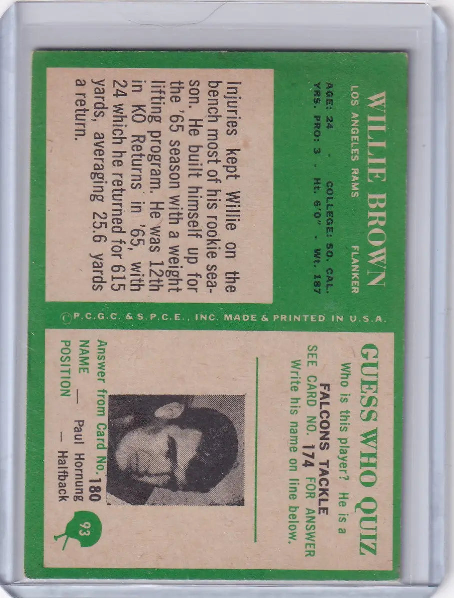 Vintage football card of Willie Brown from the 1966 Philadelphia Football series featuring Los Angeles Rams