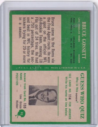 Football card of Bruce Gossett from the 1966 Philadelphia Football series, Los Angeles Rams