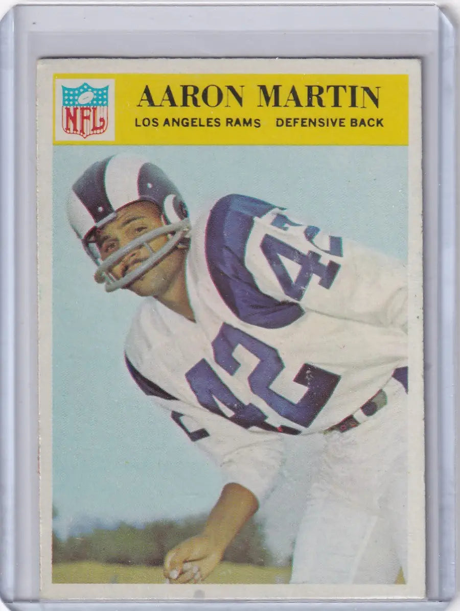 Football card of Aaron Martin from 1966 Philadelphia Football featuring Los Angeles Rams