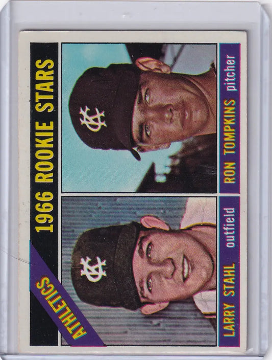 1966 Topps Baseball card of Athletics Rookies Larry Stahl and Ron Tompkins