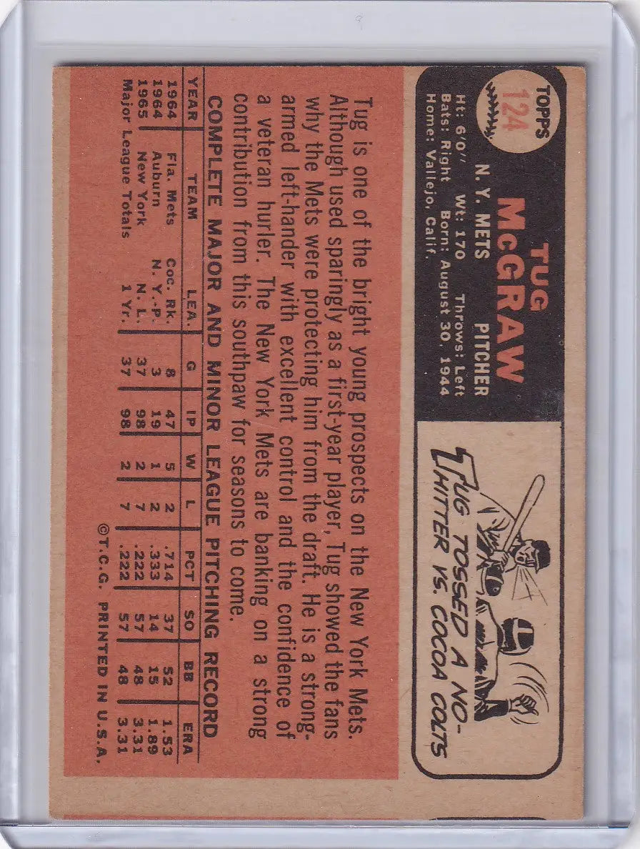 Vintage Topps baseball card of Tug McGraw, New York Mets player statistics and info
