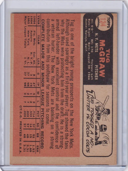 Vintage Topps baseball card of Tug McGraw, New York Mets player statistics and info