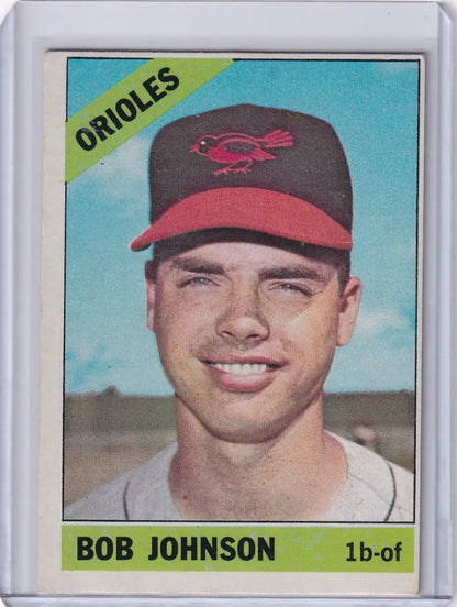1966 Topps Baseball card of Bob Johnson smiling in Baltimore Orioles uniform
