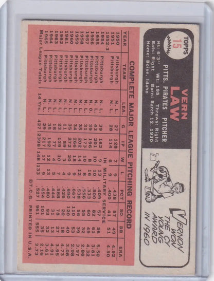 1966 Topps Baseball Vern Law card featuring Pittsburgh Pirates player