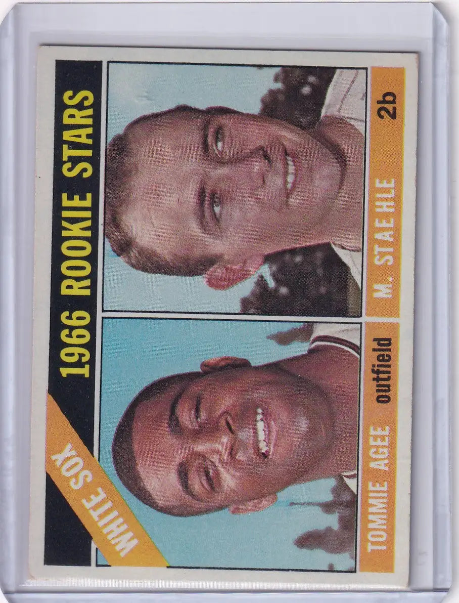 Vintage Topps Baseball card of White Sox rookies Tommie Agee and Marv Staehle smiling