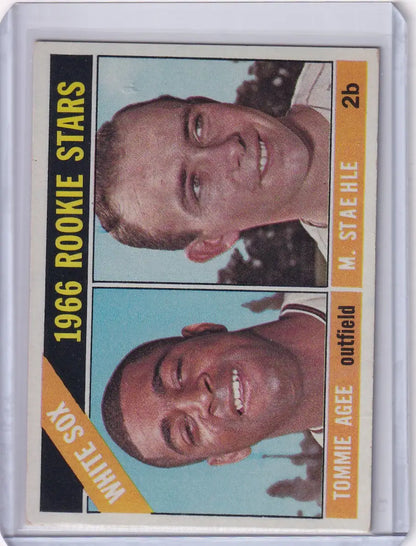 Vintage Topps Baseball card of White Sox rookies Tommie Agee and Marv Staehle smiling