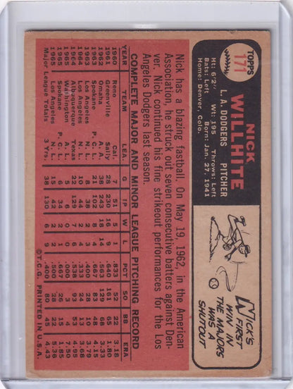 Vintage 1966 Topps Baseball card showcasing Nick Willhite from the Los Angeles Dodgers