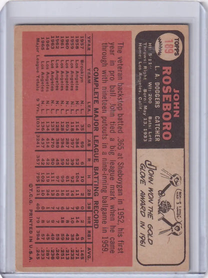 Vintage 1966 Topps Baseball card of John Roseboro with Dodgers stats on orange background