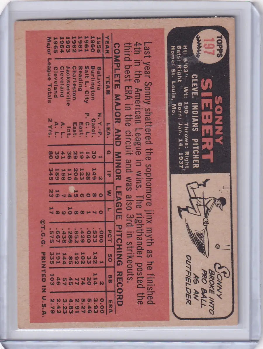 Vintage 1966 Topps Baseball card of Sonny Siebert with Cleveland Indians statistics and illustration
