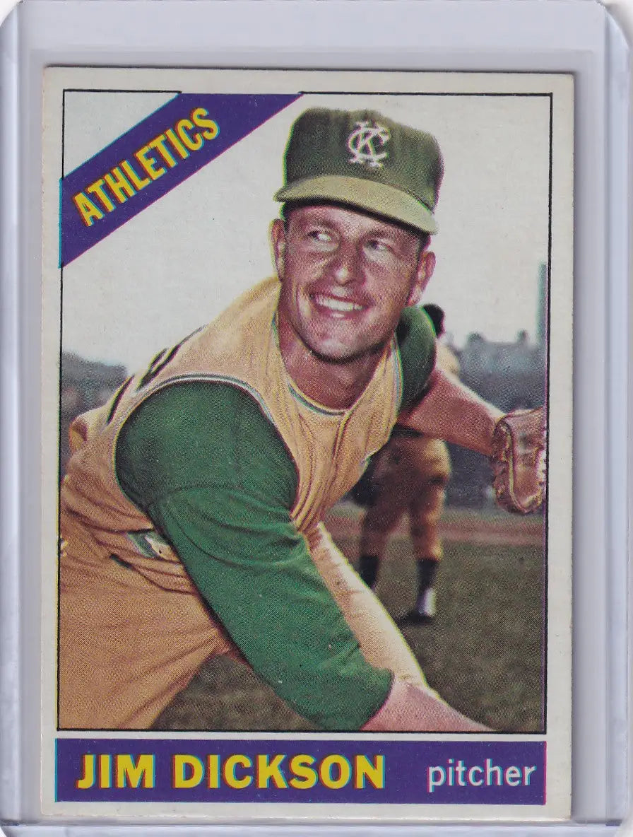 Baseball card of Jim Dickson in yellow and green for Kansas City Athletics Topps Baseball