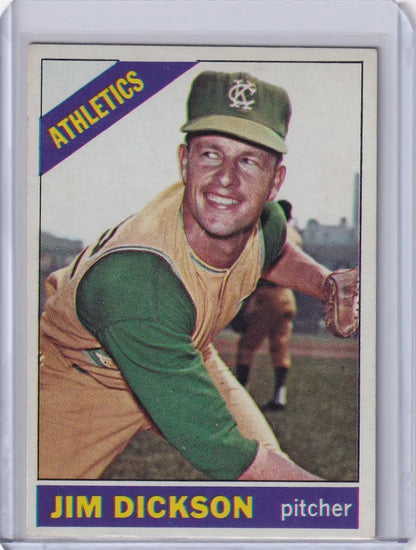 Baseball card of Jim Dickson in yellow and green for Kansas City Athletics Topps Baseball