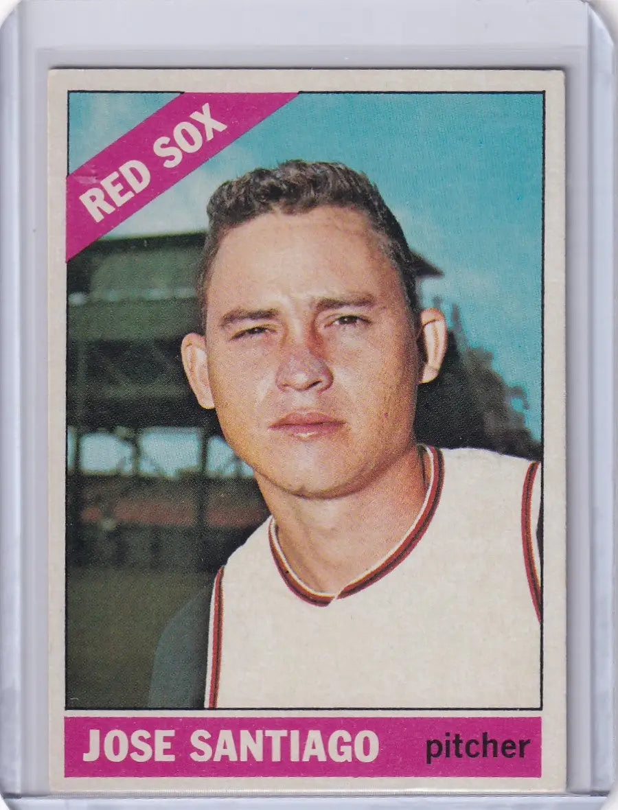 Baseball card of Jose Santiago in a Boston Red Sox uniform from Topps Baseball 1966