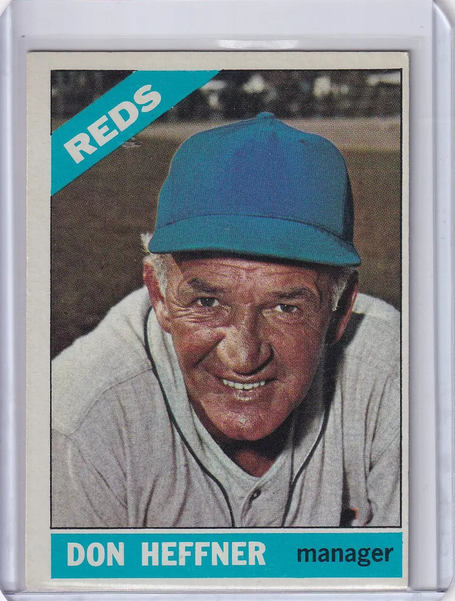 1966 Topps Baseball card of Don Heffner, smiling Cincinnati Reds manager in uniform