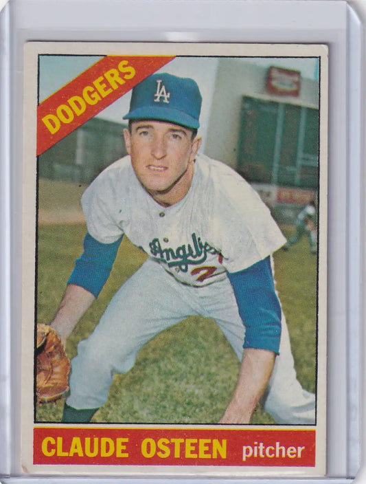 Vintage 1966 Topps Baseball card of Claude Osteen, Los Angeles Dodgers pitcher in action