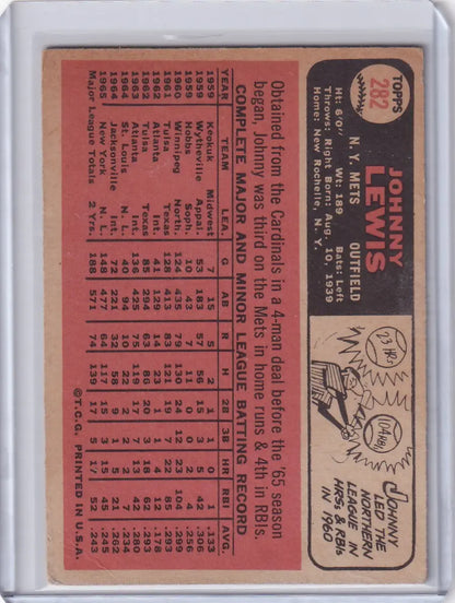 Vintage 1966 Topps Baseball card of Johnny Lewis, New York Mets, with player stats