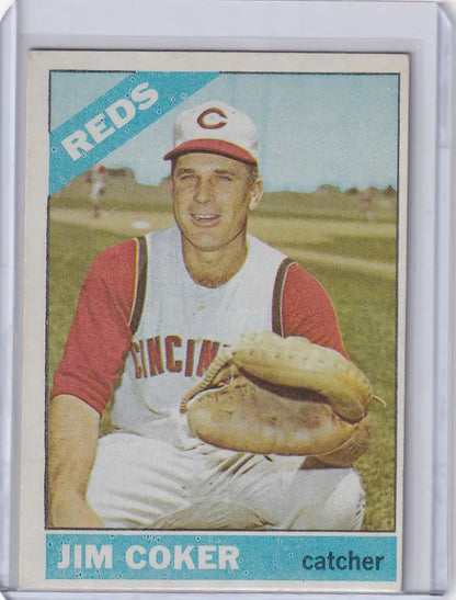 1966 Topps Baseball card of Jimmie Coker, Cincinnati Reds catcher in uniform