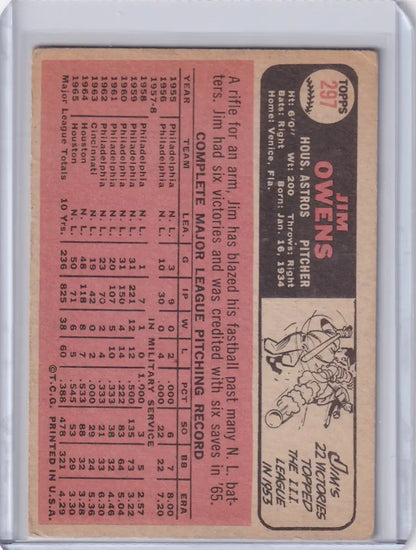 Vintage Topps Baseball card featuring Jim Owens of the Houston Astros with player stats