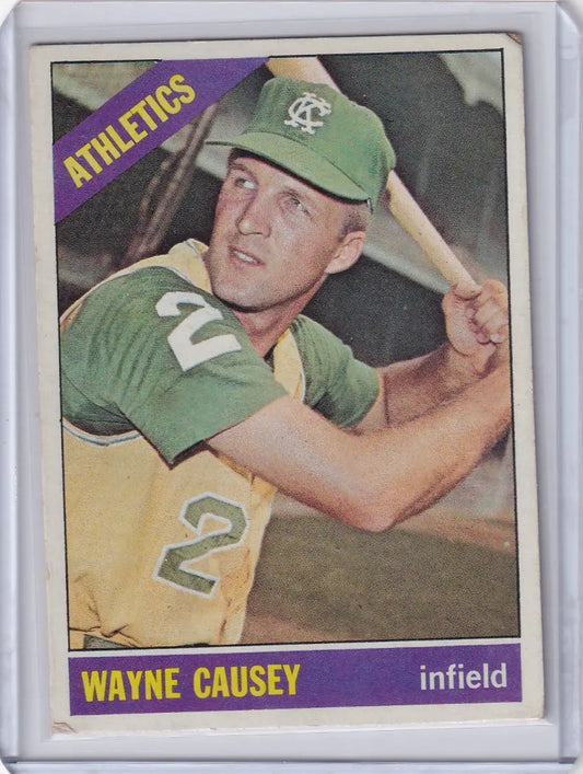 Baseball card of Wayne Causey in green uniform for Kansas City Athletics Topps Baseball