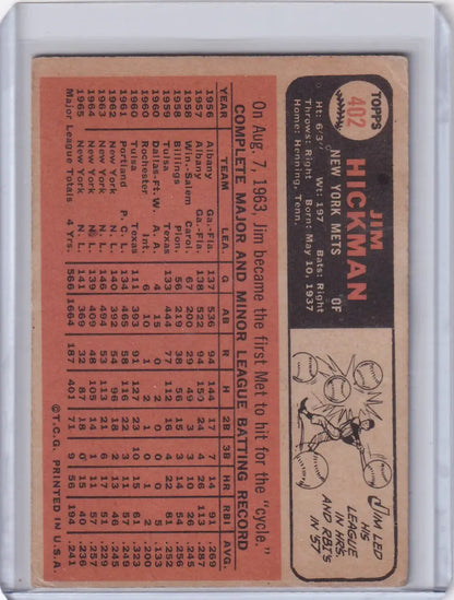 Vintage Topps Baseball card featuring Jim Hickman with New York Mets player statistics