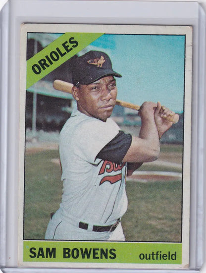 1966 Topps Baseball card of Sam Bowens from the Baltimore Orioles in batting stance
