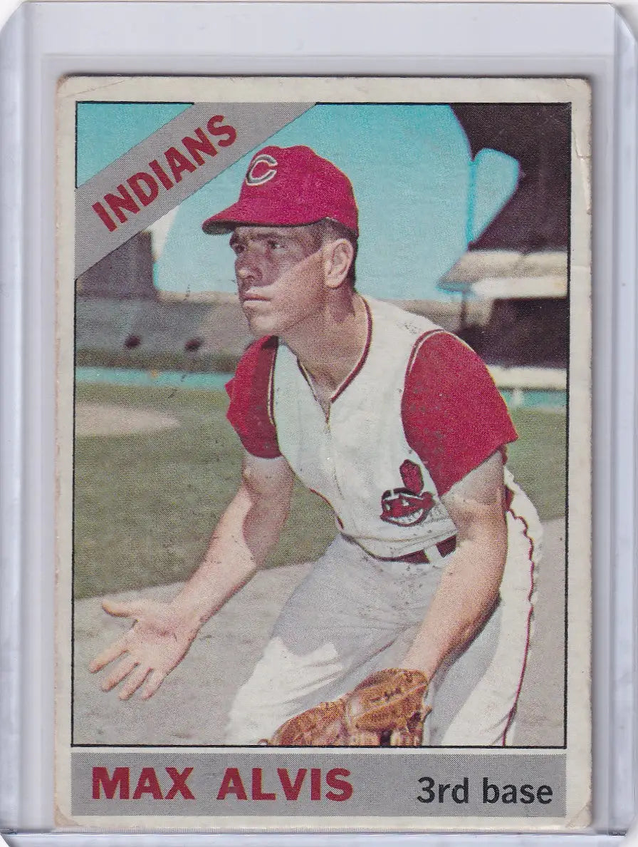 1966 Topps Baseball card of Max Alvis in batting stance for Cleveland Indians