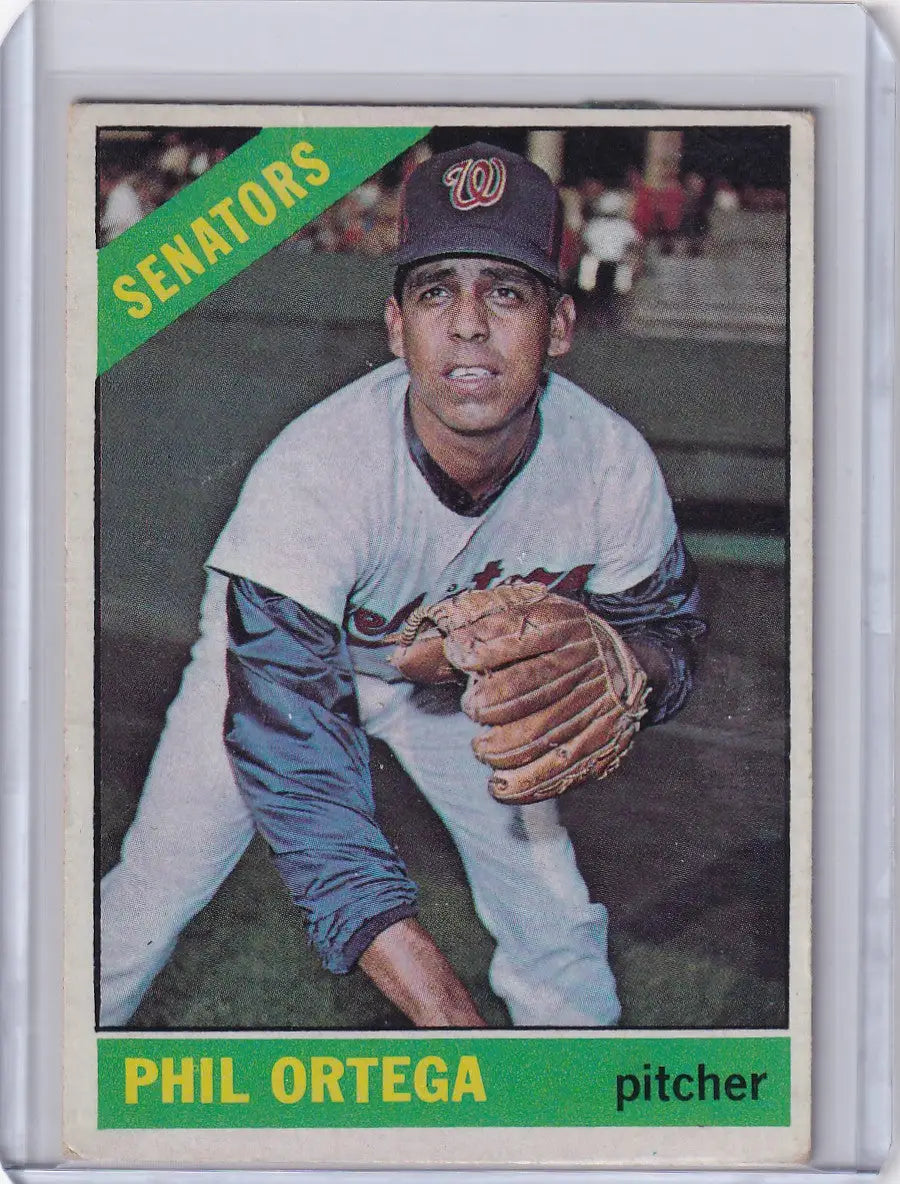 1966 Topps Baseball card of Phil Ortega pitching for Washington Senators