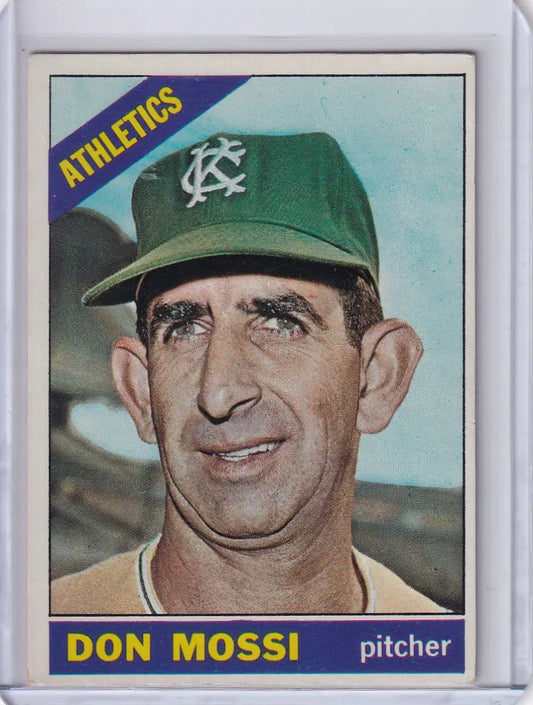 Baseball card of Don Mossi in green cap for Kansas City Athletics by Topps Baseball