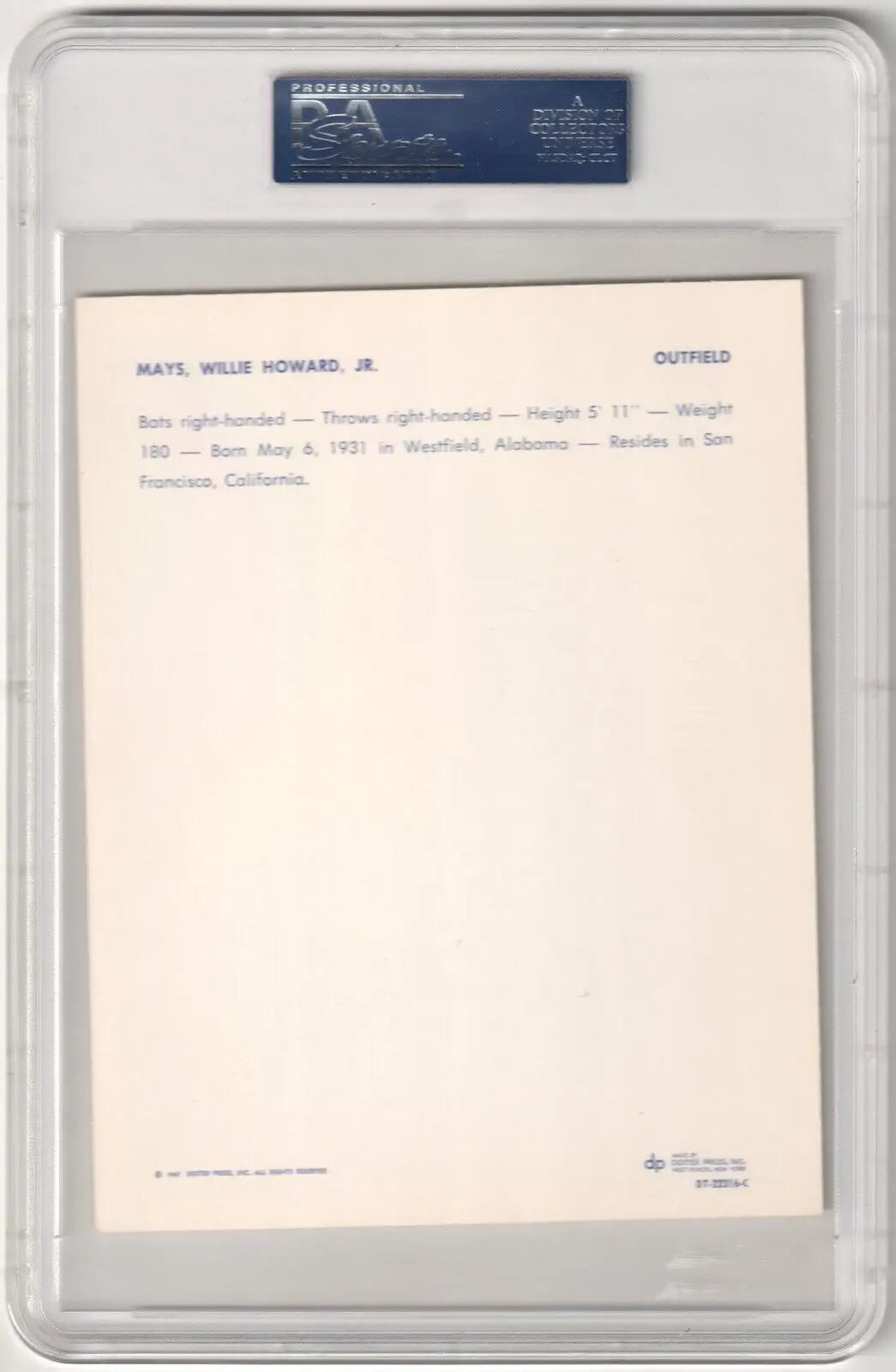 Encapsulated baseball card back from 1967 Dexter Press Willie Mays SF Giants single card Columbia Hobby ebay store