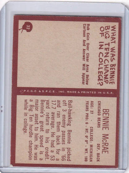 Vintage Philadelphia Football Bennie McRae football card featuring Chicago Bears player