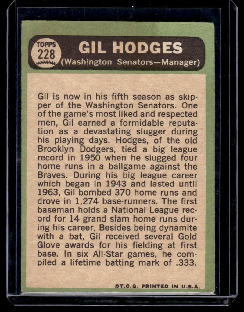 Gil Hodges Washington Senators Baseball Card 1967 Topps #228 in very good condition