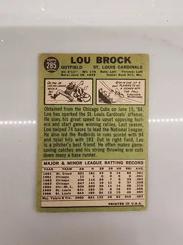 Vintage Lou Brock baseball card from 1967 Topps #285 showcasing classic trading card features