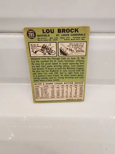 Vintage Lou Brock baseball card from 1967 Topps #285, a valuable trading card with authentic features