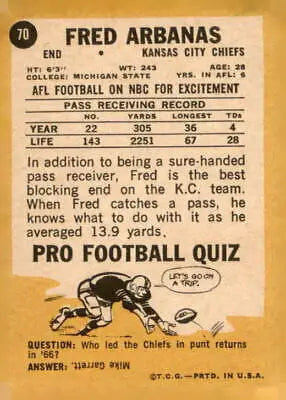 Vintage Fred Arbanas football card from 1967 Topps featuring Kansas City Chiefs player
