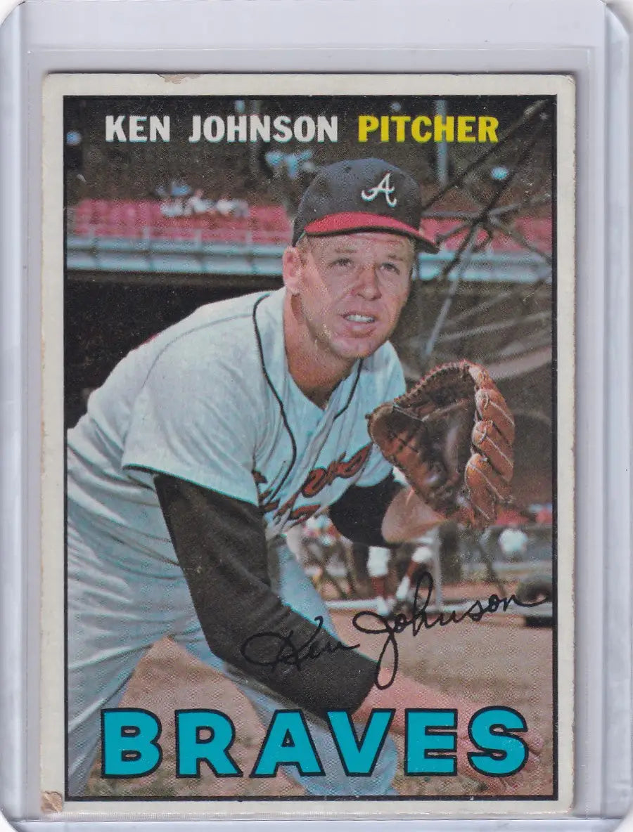 Vintage 1967 Topps Baseball card of Ken Johnson, Atlanta Braves pitcher in action
