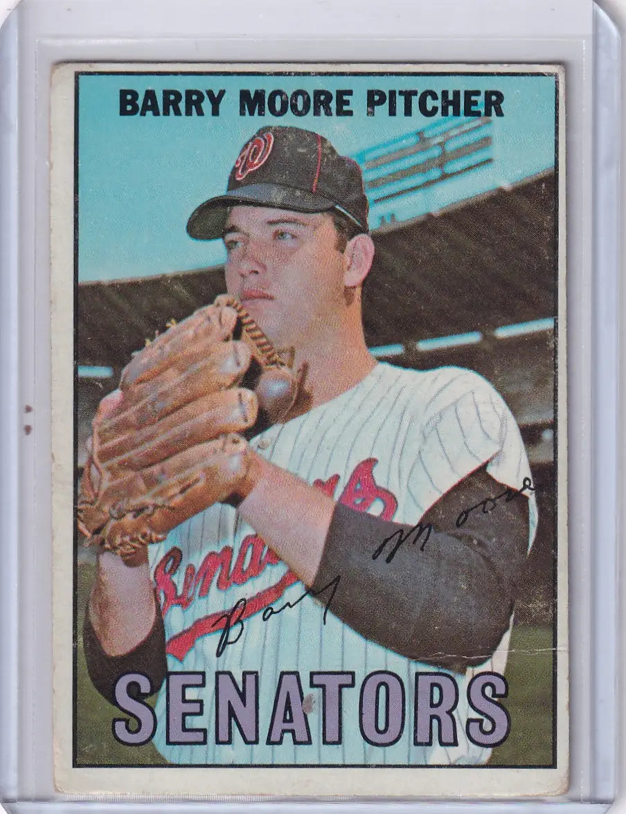 Vintage 1967 Topps Baseball card of Barry Moore, Washington Senators pitcher in stance