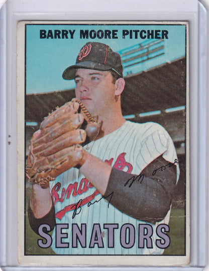 Vintage 1967 Topps Baseball card of Barry Moore, Washington Senators pitcher in stance