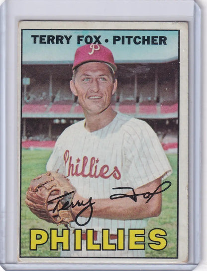 Vintage 1967 Topps Baseball card of Terry Fox, Philadelphia Phillies pitcher in uniform