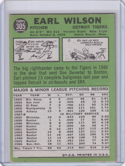 1967 Topps Baseball card featuring Earl Wilson of the Detroit Tigers with stats and biography