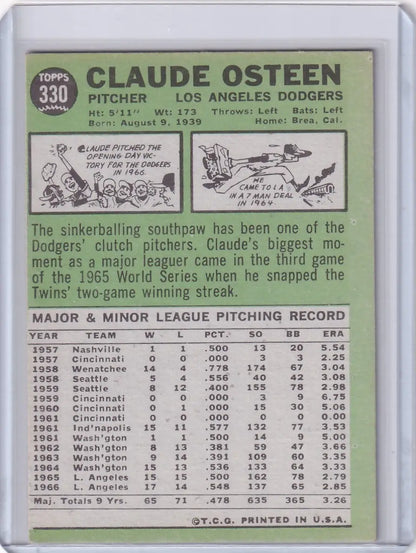 Vintage 1967 Topps Baseball card of Claude Osteen featuring Los Angeles Dodgers stats
