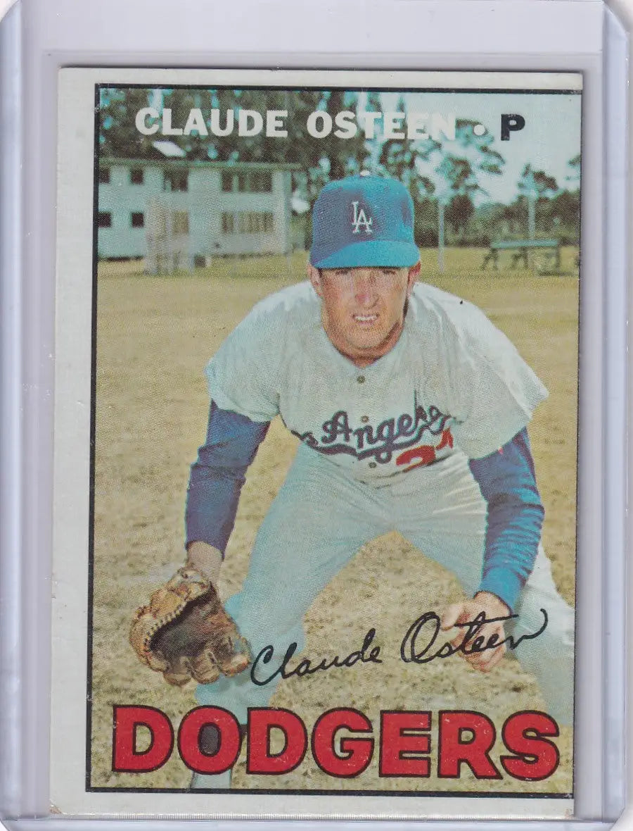 Vintage 1967 Topps Baseball card of Claude Osteen, Los Angeles Dodgers player in action