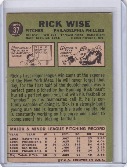 Vintage 1957 Topps Baseball Card of Rick Wise - Philadelphia Phillies Rookie Stats