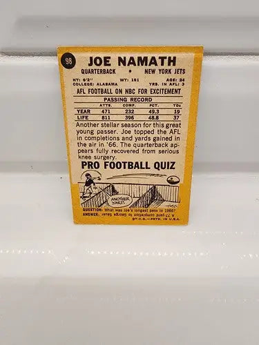 Vintage Joe Namath football card from 1967 Topps Football sports trading collection