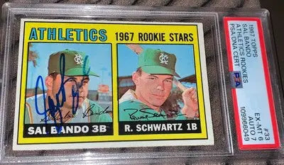 Graded 1967 Topps Sal Bando baseball card featuring Oakland Athletics autograph and PSA 6