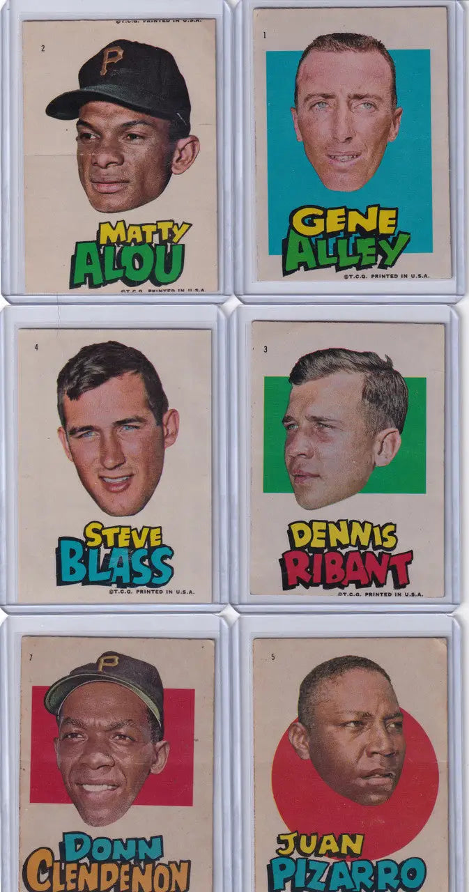 Vintage baseball trading cards featuring Pittsburgh Pirates players in colorful text