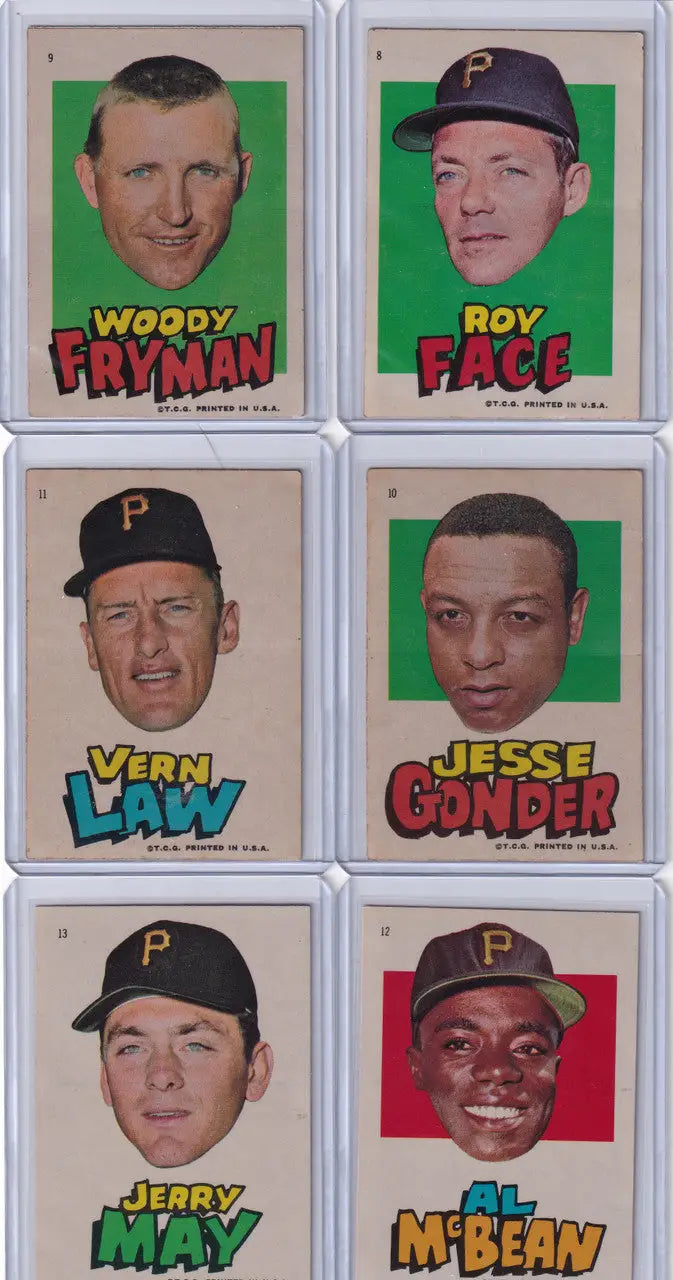 Six vintage 1960s Pittsburgh Pirates trading cards showcasing iconic players and stickers