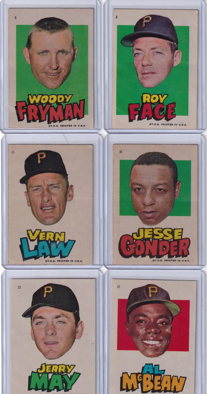 Six vintage 1960s Pittsburgh Pirates trading cards showcasing iconic players and stickers