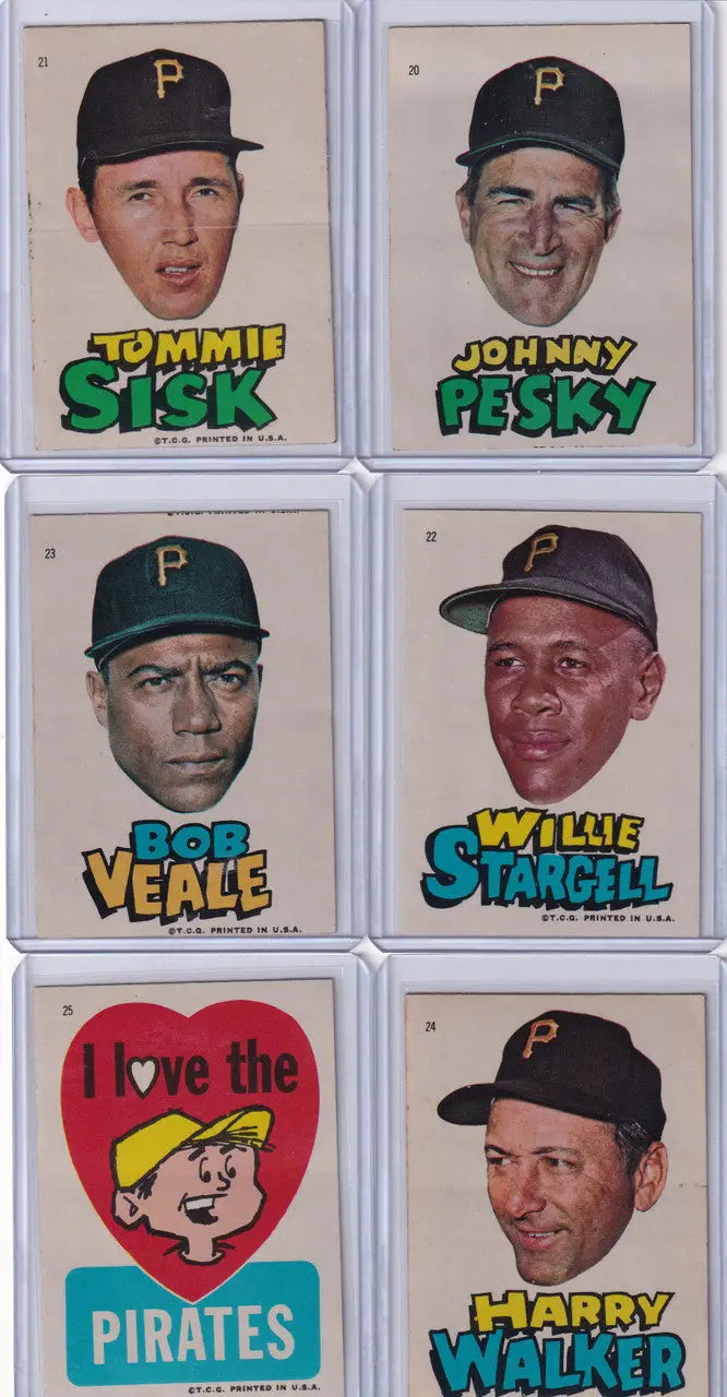 Vintage Pittsburgh Pirates baseball cards and team logo in 1967 Topps Test Stickers set