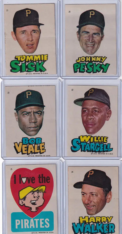 Vintage Pittsburgh Pirates baseball cards and team logo in 1967 Topps Test Stickers set