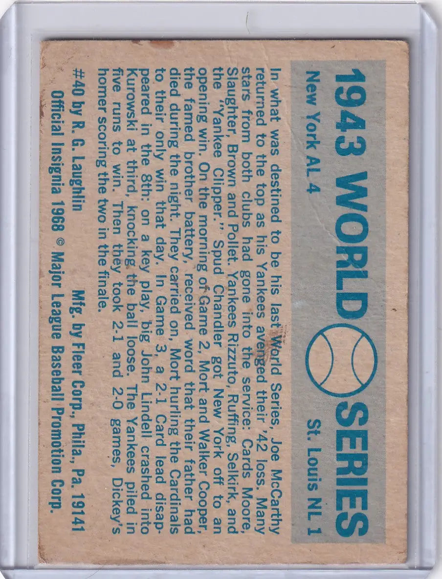 Vintage baseball card from Fleer World Series 1968 featuring 1943 World Series Yankees vs. Cardinals