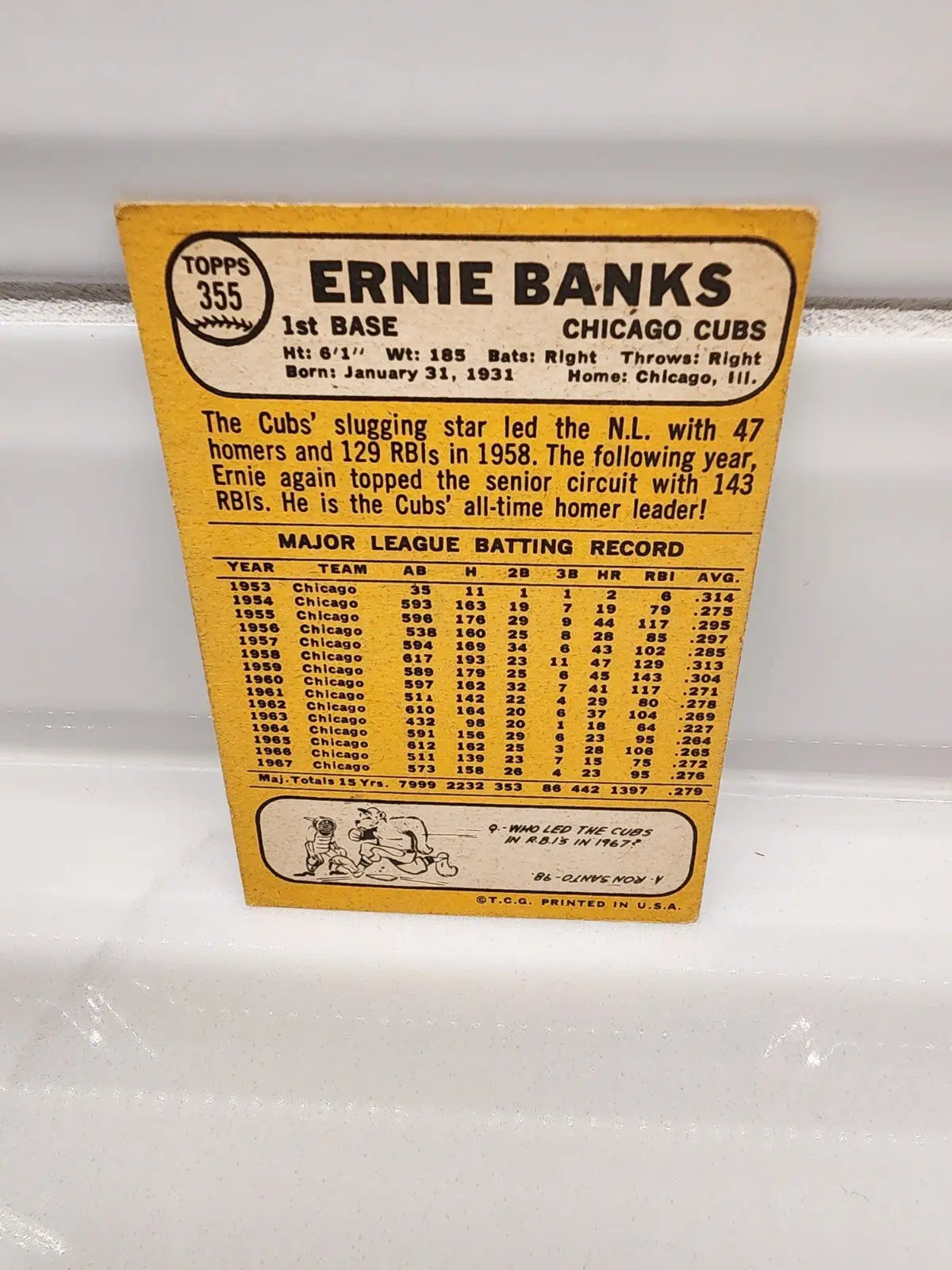Ernie Banks baseball card from 1968 Topps - #355, highly collectible Topps Ernie Banks card
